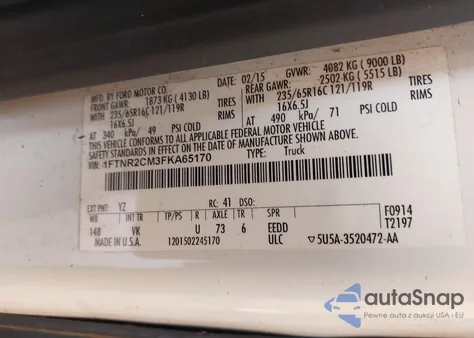 2015 Ford Transit-250 z USA, uszkodzony, nr VIN 1FTNR2CM3FKA65170